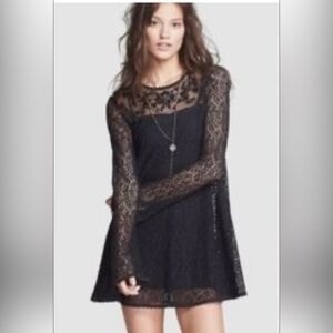 FREE PEOPLE LONG SLEEVE BLACK LACE MESH BEADED SWING MINI DRESS TUNIC BOHO XS